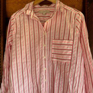LOFT White Button Down Shirt with Neon Pink Stripes Size M